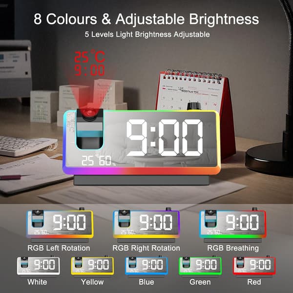 Digital projeksjonsvekkerklokke, med 8 RGB-moduser, 180° projektor Black