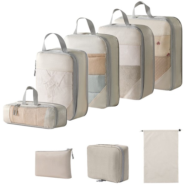Resväska Organiseringsväska Set, Med Digital Väska Och Toalettväska 8-pack (Beige)