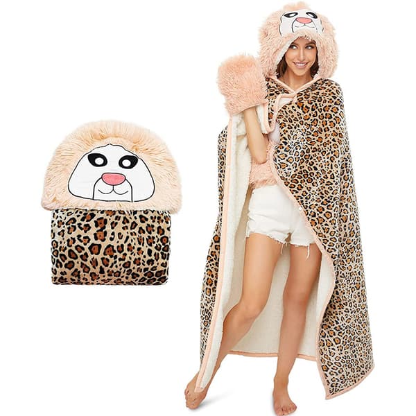 Tæppe Bærbart Hætteklædt Flanel Kast Kappe Leopard Print 152cm*125cm