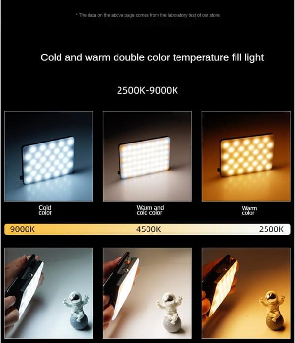60 LED Selfie-lys med front- og bagklips, genopladeligt, med 3 lystilstande (sort)