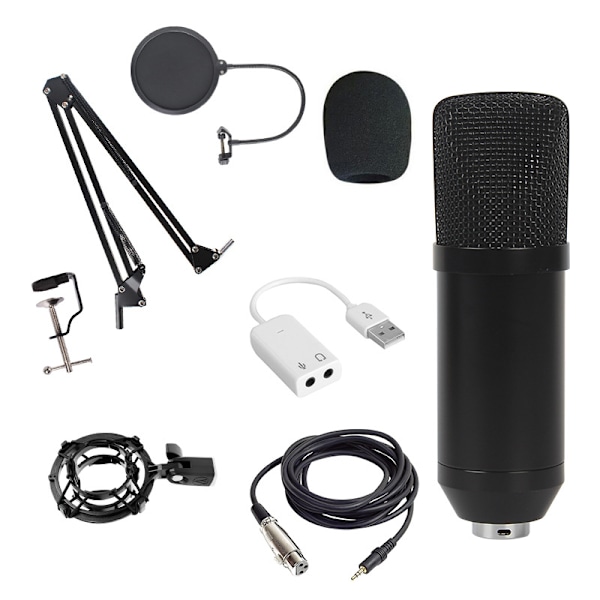 BM800 kondensatormikrofon set datorinspelning anti-pop Rund nät set silver + USB ljudkort