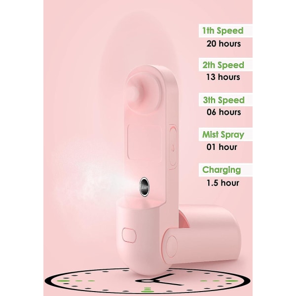 Bärbar fläkt, 3 i 1 dimfläkt, batteridriven USB uppladdningsbar mini-portabel fläkt, personlig resefläkt för kvinnor, barn och flickor (rosa)
