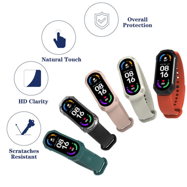 3D Film+Hård PC för Case för Mi Band 6 5 4 3 för Smart Watchband Helskärm Transparent