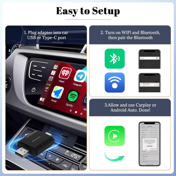 Carplay-adapter, kompatibel med 98 % indbyggede Carplay- og Android Auto-køretøjer