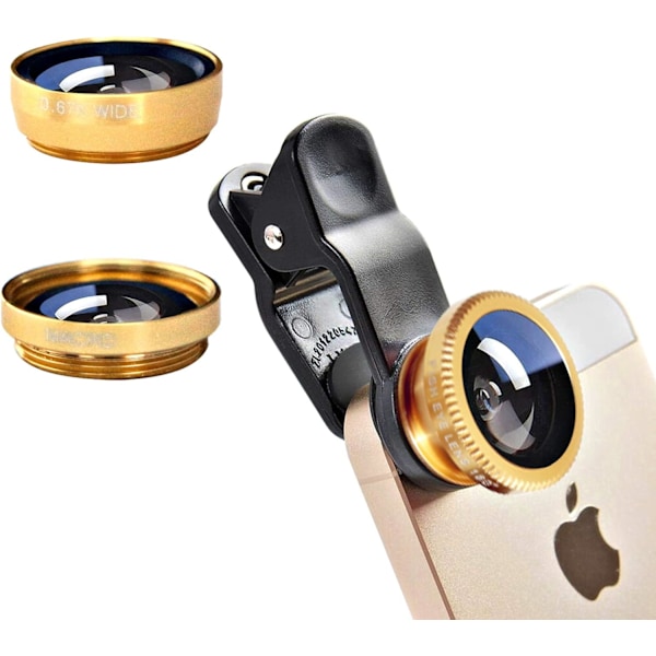 3 i 1 Mobiltelefon Kamera Linse Kit Vidvinkel Makro Fisheye Linse Til Smartphones Iphone Android Guld
