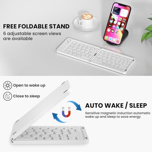 Sammenleggbart tastatur i full størrelse (synkroniser opptil 3 enheter), for Android Windows iOS (hvit)