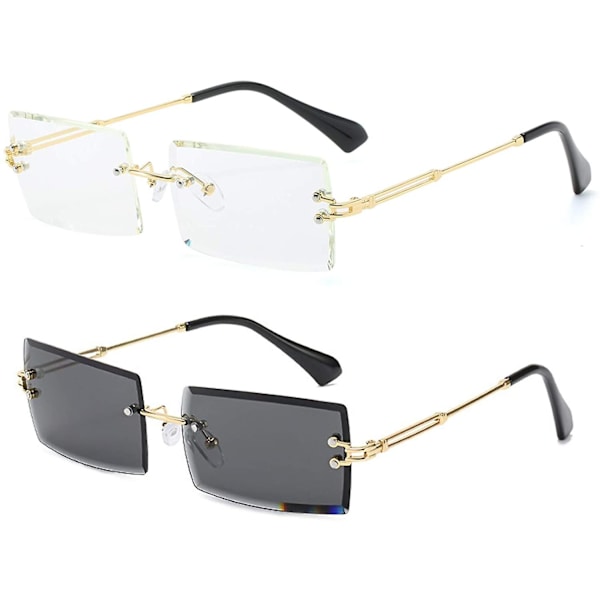 Kantløse rektangelsolbriller, der er kompatible med kvinder/mænd Ultralet metalstel briller Fashion Square Uv400 Unisex briller Grey transparent