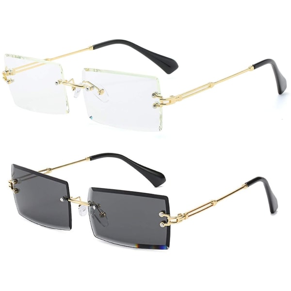 Kantløse rektangelsolbriller som er kompatible med kvinner/menn Ultralett metallinnfatning Briller Mote Square Uv400 Unisex-briller Grey transparent