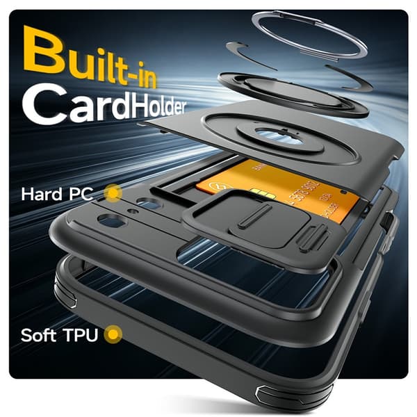 Etui til iPhone 17 Pro Max, Skydbart Kameradæksel Støtteben TPU + PC med Kortholder Orange For iPhone 17 Pro Max