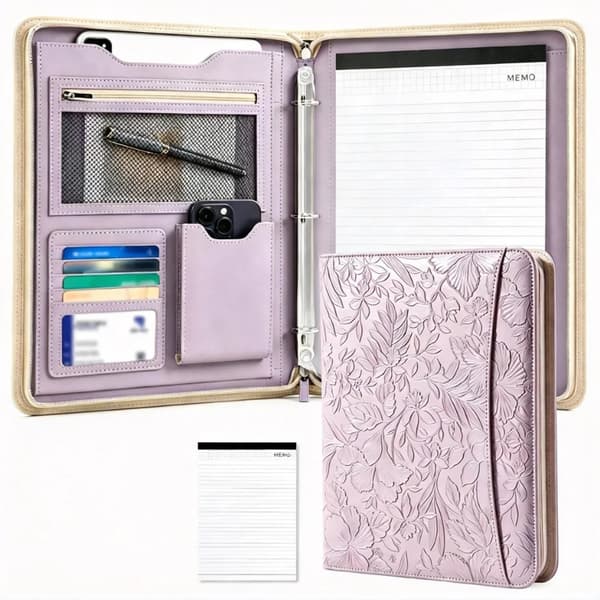 A4 Forretningsmappe med 3-ringsperm, 3D-preget PU med notatblokker Purple