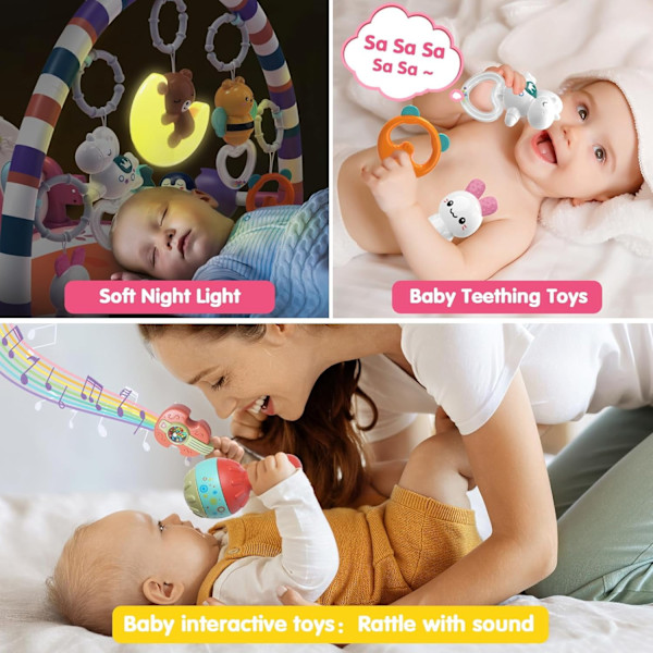 Baby Lekematte for Magetrening, med 5 Leker og Lekepiano Gymmatte med Musikk for Sensorisk og Motorisk Utvikling, Rosa