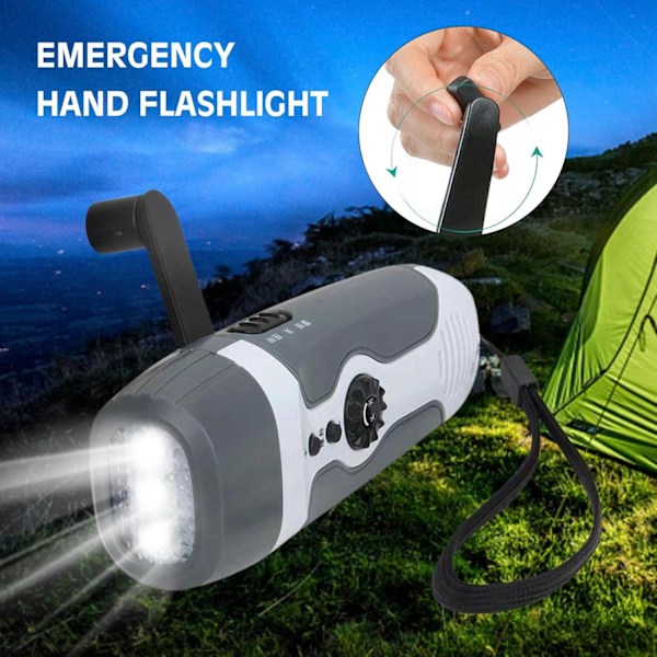 Mini 3 LED Handvevad Ficklampa Portabel FM-radio, Grå