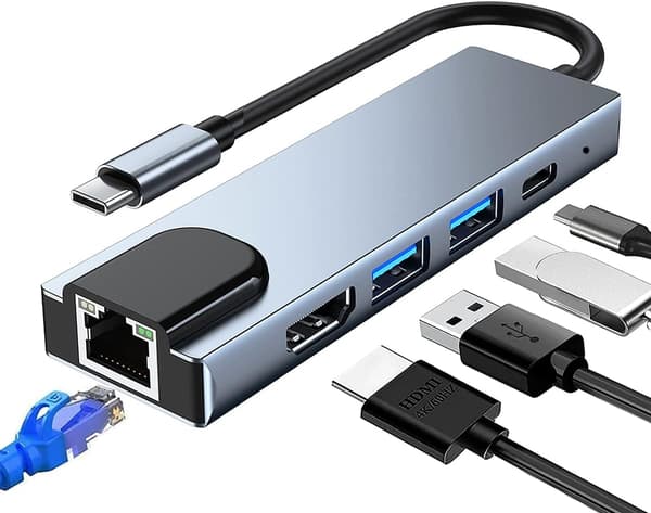 Adapter - USB C Hub Multiport, 5-i-1 med Ethernet, 4K USB C til HDMI, VGA, USB 3.0