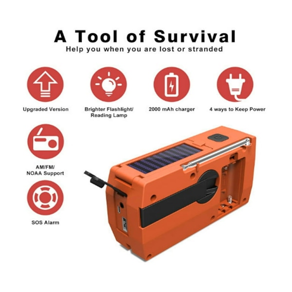 AM/FM/NOAA Solardriven radio med handvev, med SOS-larm, 2000mAh (orange)