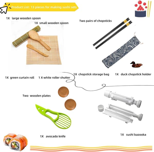 Sushinvalmistussarja, 2 bambu-sushimattoa, sushibazooka-valmistaja (musta)