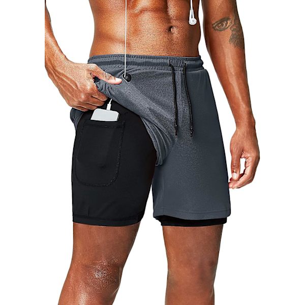 2 i 1 løpeshorts med telefonlomme treningsøkt Hurtigtørrende herreshorts 5 tommer Grey Large