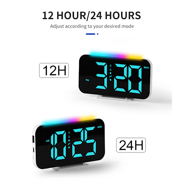 Digitala Väckarklockor 12/24 Timmars Konverteringstid Veckodag Visning Justerbara Lampor (Vit)
