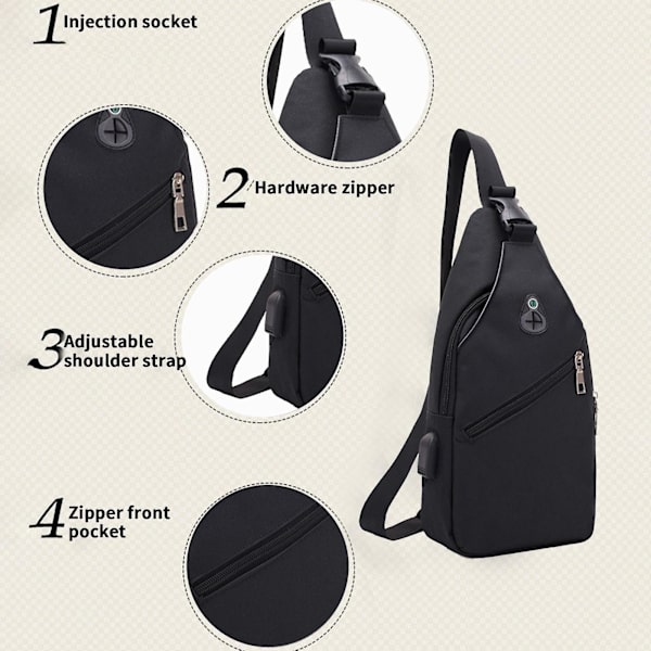 Vedenpitävä hihna laukku crossbody reppu USB-reiällä kuulokeliitäntä hihna reppu vaellusreppu monikäyttöinen crossbody rintapussi Black