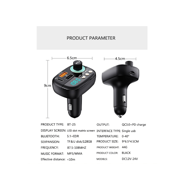Bluetooth 5.1 Auton FM-lähetin Mp3-soitin Handsfree Autosarja Langaton Radio Audio Adapteri PD Pikalataus 20W