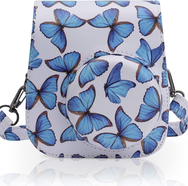 Etui til Instax Mini 11 12, PU læder med rem (Blå sommerfugl) Blue Butterfly