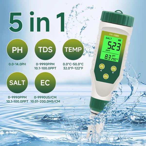 PH-måler og TDS-måler, 5-i-1 vanntester pH/TDS/EC/Salt/Temp, med LCD-bakgrunnsbelysning