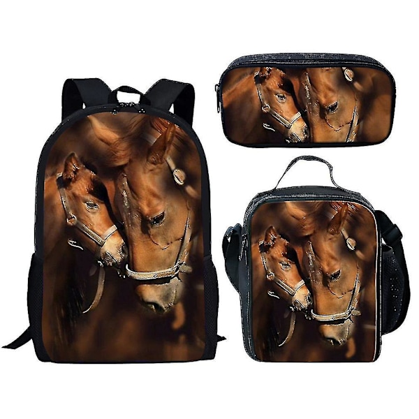 3 stk/sett Dyr Hest Ryggsekk Casual Skoleveske Med Lunsjpose Og Blyantpose