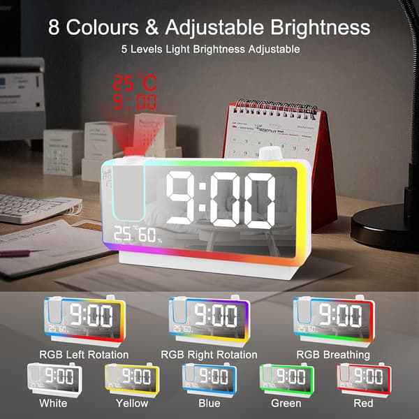 Digital projeksjonsvekkerklokke, med 8 RGB-moduser, 180° projektor White