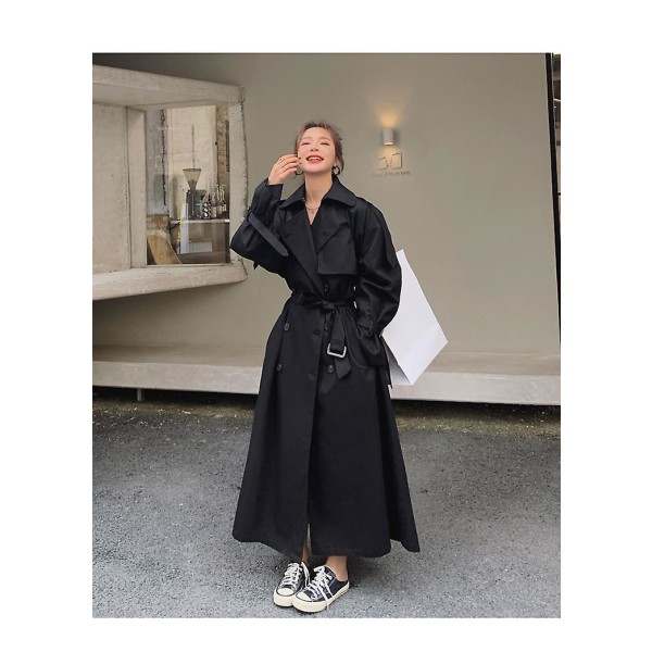 Trenchcoat för kvinnor Lös oversize lång jacka Dubbelknäppt bälte Dammantel Grå vindjacka L Black