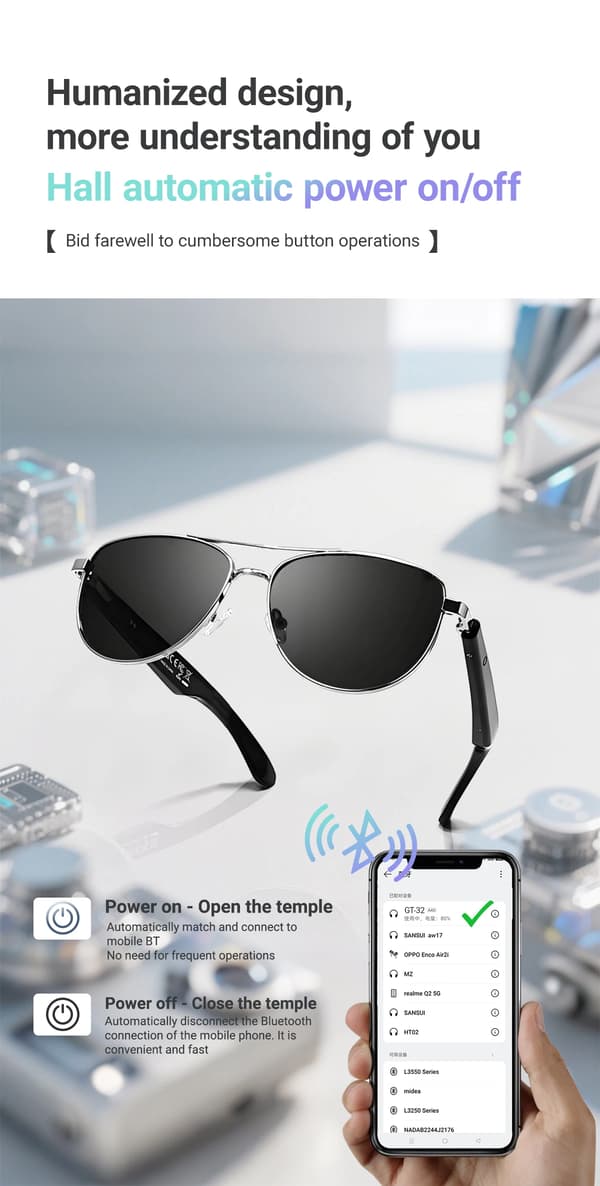 Smarte briller Gt32, Bluetooth hodetelefoner solbriller UV-beskyttelse antirefleks (gullbrun)