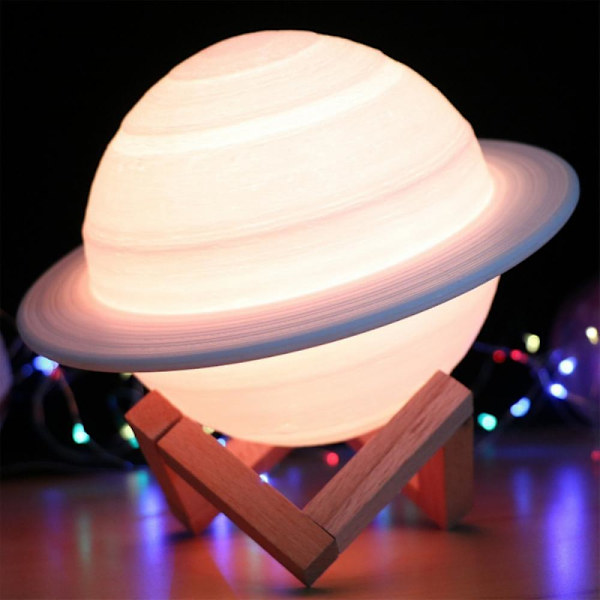 3d Print Dekor Saturn Lampa Med Trä Ställ Hängande Net Nursery Led Nattljus 22cm