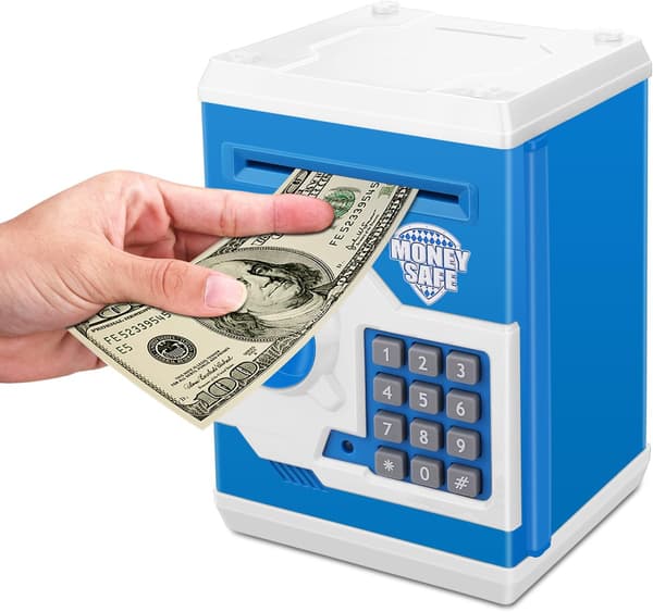 Sparegris, elektronisk ATM-adgangskode pengebesparende boks til børn (blå hvid)