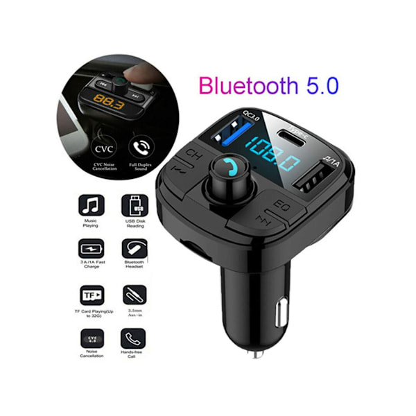 Bluetooth Bil FM Transmitter Trådløs Bluetooth 5.0 Bilradio Adapter Bilsæt med Håndfri Opkald USB-porte Support