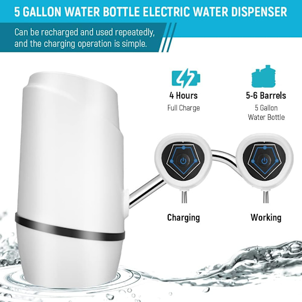 2-5 Gallons Vattenautomat för Flaskvatten, Portabel Universal USB Uppladdningsbar (Vit)