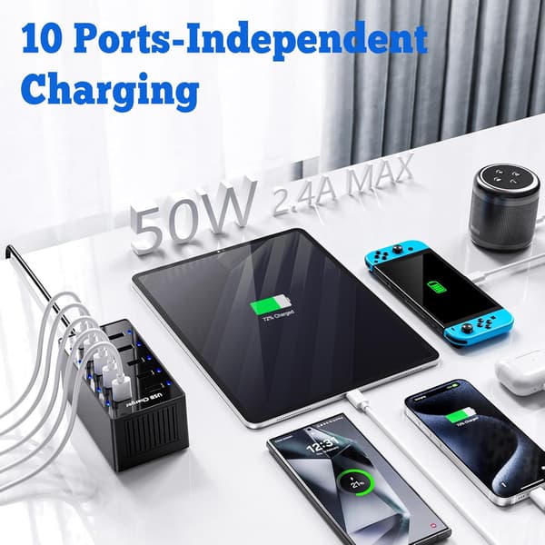 USB-opladerstation, 10 porte, USB-oplader til flere enheder (sort)