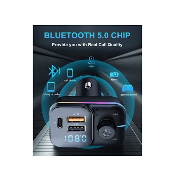 Bluetooth Biladapter, Bilradio Bluetooth Fm-sender, Bluetooth Bilsender PD+QC Hurtiglading,