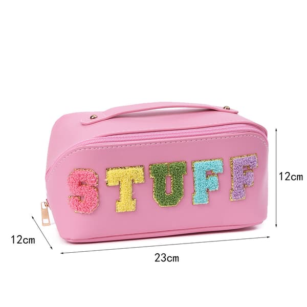 Rejse-kosmetiktaske, Chenille-bogstavpatch, flad nylonpose Pink
