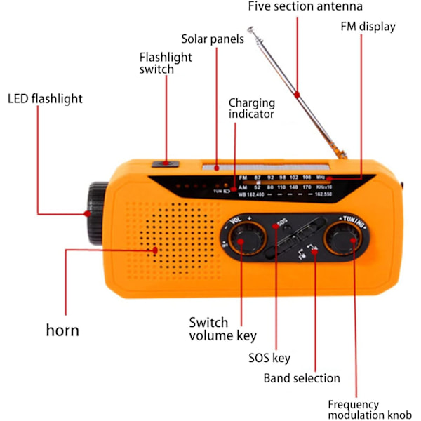 Nödradiomed vev och ficklampa (Orange)