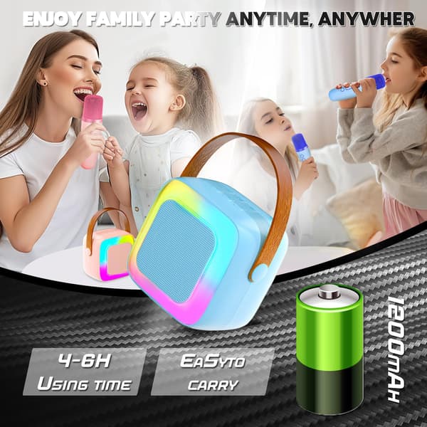 Bluetooth-karaokekaiutin, 2 langattomalla mikrofonilla ja RGB-valolla (pinkki)