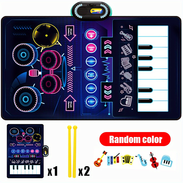 Musikalsk Matte Baby Leker, 2 i 1 Keyboard & Trommematte med 2 Pinner Pedagogiske Musikkleker