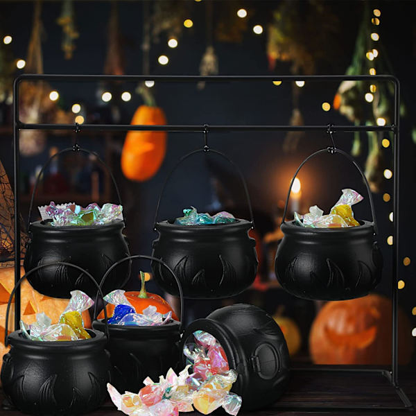 Halloween-koristesetti 6 noidan tarjoiluastiaan telineellä, mustat muoviset karkkiastiat