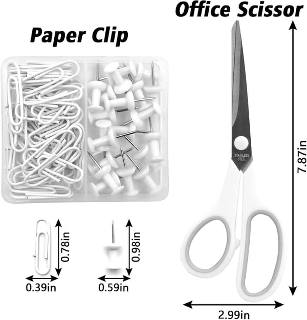 Hvitt stiftemaskin- og tapedispenser-sett med stiftemaskin, tapedispenser, stiftefjerner, stifter, binders