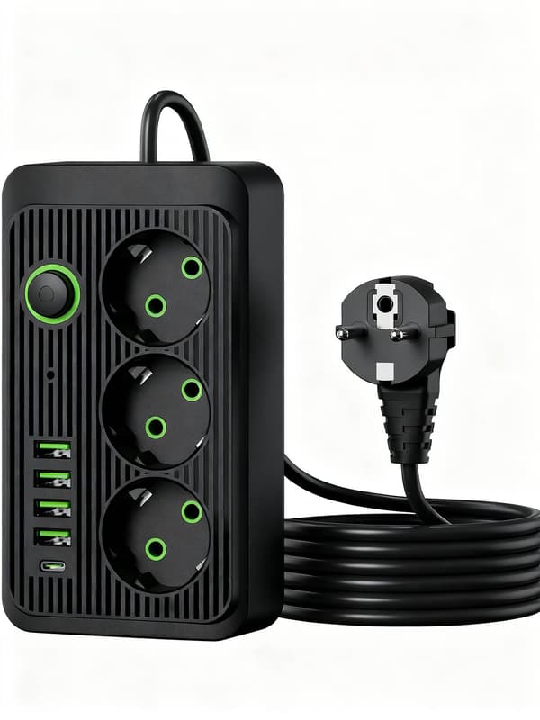 EU-stikdåse med 3 AC-udtag + 4 USB-porte + Type C (sort)