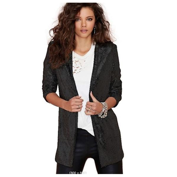 Kvinnors paljettjacka Öppen front blazer Casual långärmad kofta L black