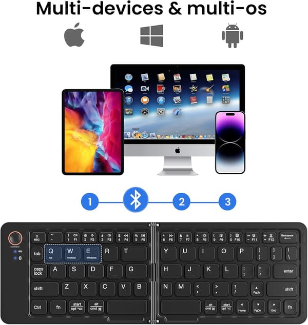 Sammenfoldeligt tastatur i fuld størrelse (synkroniser op til 3 enheder), til Android Windows iOS (sort)