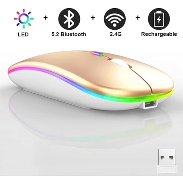 LED Dubbelläge Uppladdningsbar Tyst Ultratunn Laptopmus Med BT5.2 USB-mottagare (2st Guld)