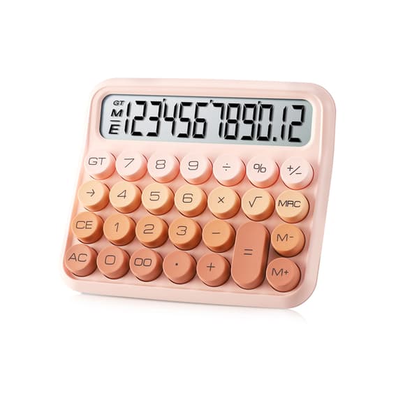 12-cifret mekanisk switch-lommeregner med stort LCD-display (lyserød)