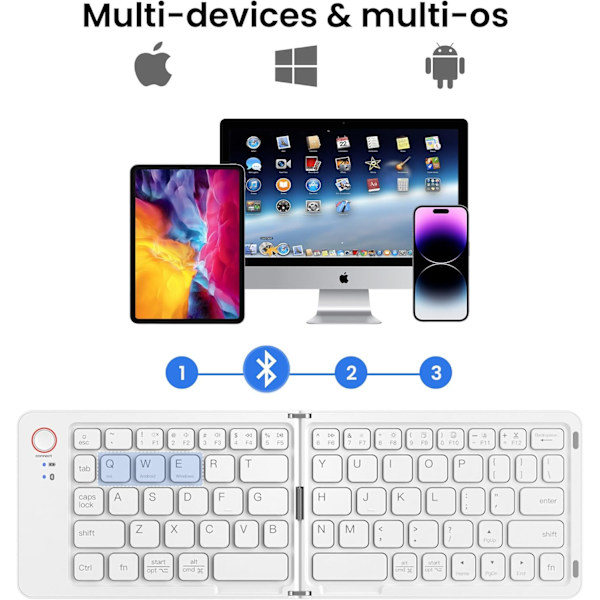 Foldbart tastatur i fuld størrelse (synkroniser op til 3 enheder), til Android Windows iOS (hvid)