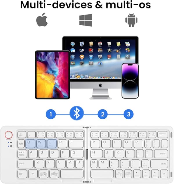 Sammenleggbart tastatur i full størrelse (synkroniser opptil 3 enheter), for Android Windows iOS (hvit)