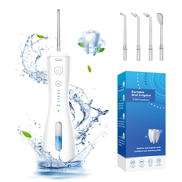 Oral Irrigator - 6 rengøringstilstande og 4 spidser, IPX7 vandtæt, 250 ml bærbar, hvid