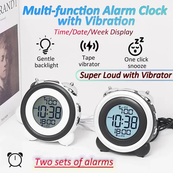 Väckarklocka med vibration, superljudlig vibration, dubbla larm White